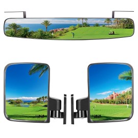 10L0L Newest Golf Cart Mirrors, Folding Side Mirror and Panoramic Rear View Mirror Kit for Yamaha Club Car EZGO, Eliminate Blind Spots Clear Convex Mirror