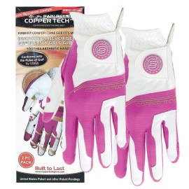 Copper Tech Womens Golf Gloves 2 Pack- One Size Fits Most - Worn on Left Hand for The Right Handed Golfer (White/Fuchsia),One Size Fits All