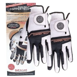 Copper Tech Mens Golf Gloves 2 Pack - One Size Fits All - Worn on Left Hand for The Right Handed Golfer (White/Black)
