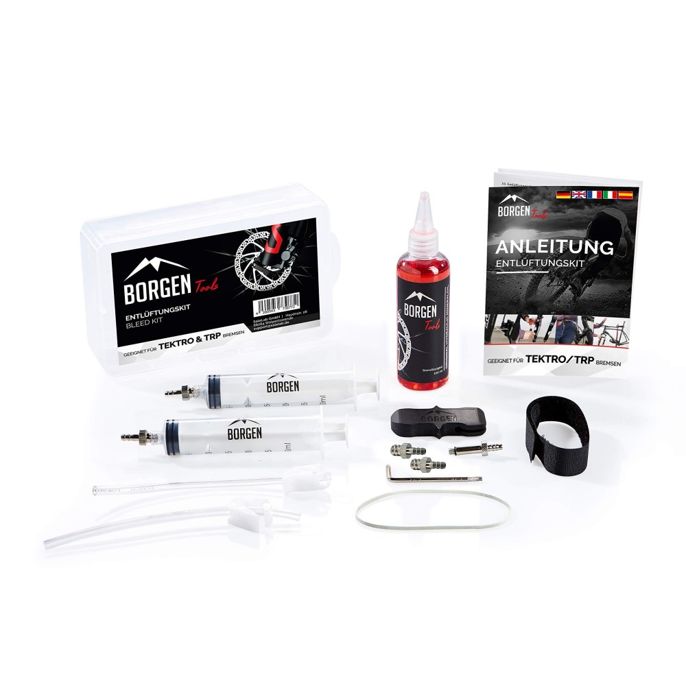Borgen Bike Brake Bleed Kit for Tektro-TRP Hydraulic Disc Brakes I Bicycle Bleed Kit with 100ml (3.4oz) Hydraulic System Mineral Oil - Made in Germany. Step by Step Instructions and Video Manual
