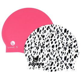 Lane5 Swim - 2-Pack Adult Silicone Swim Cap - Beautiful Designs for Women. Latex Free. Leopard Print and Hot Pink
