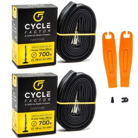 Cycle Factor 700c 23/28mm Width Presta Valve 48mm Innertube with Removable Valve core and kit (2-Pack w/tire levers and core Remover kit)