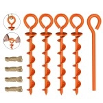 Eurmax USA Canopy Canopy Stakes Dog Tie Out Stakes Corkscrew Shape Steel Trampoline Stakes with Iron Rod Installation Tool & 4 Wind Ropes - Set of 4 (Orange)