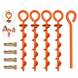 Eurmax USA Canopy Canopy Stakes Dog Tie Out Stakes Corkscrew Shape Steel Trampoline Stakes with Iron Rod Installation Tool & 4 Wind Ropes - Set of 4 (Orange)