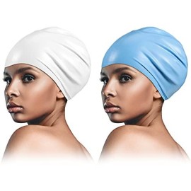 2 Piece Long Hair Swimming Cap for Man and Woman Silicone Swimming Cap Waterproof for Dreadlocks, Braids, Curls(Blue, White)