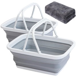 AUTODECO 2 Pack Collapsible Sink with Handle Towel, 2.37 Gal / 9L Foldable Wash Basin for Washing Dishes, Camping, Hiking and Home Gray