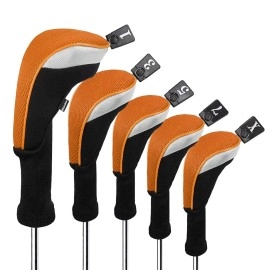Andux 5pcs/Set Golf 460cc Driver Wood Club Head Covers Long Neck with Interchangeable No. Tags Orange
