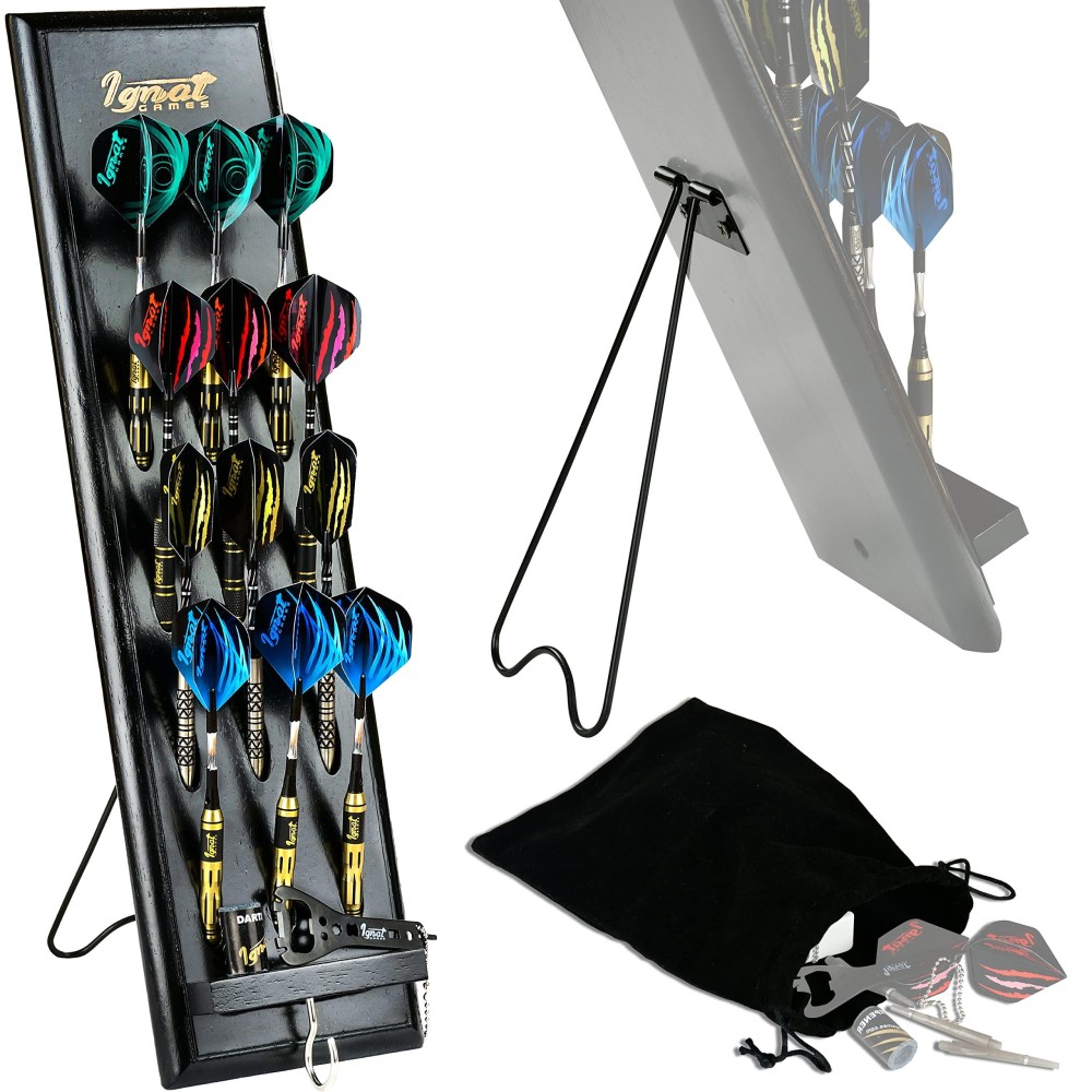 IgnatGames Wood Darts Holder Set - Darts Caddy Display Holds 12 Steel or Soft Tip Darts, Wall Mount Dart Holder/Stand with Clever Support and Accessories Tray