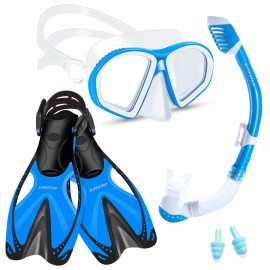 Supertrip Kids Snorkeling Set, Snorkeling Gear for Kids, Children Mask Fin Snorkel Set with Tempered Glass, Snorkel Mask Diving Goggles, Dry Top Snorkel, Adjustable Swim Fins for Boys Girls Age 6-14