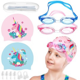 4 Pieces Swim Cap Kids Unicorn Silicone Waterproof Age 2-12 Cute Swim Caps with Goggles for Long and Short Hair Kids Children Boys Girls Toddler at Beach Pool Fun Lessons