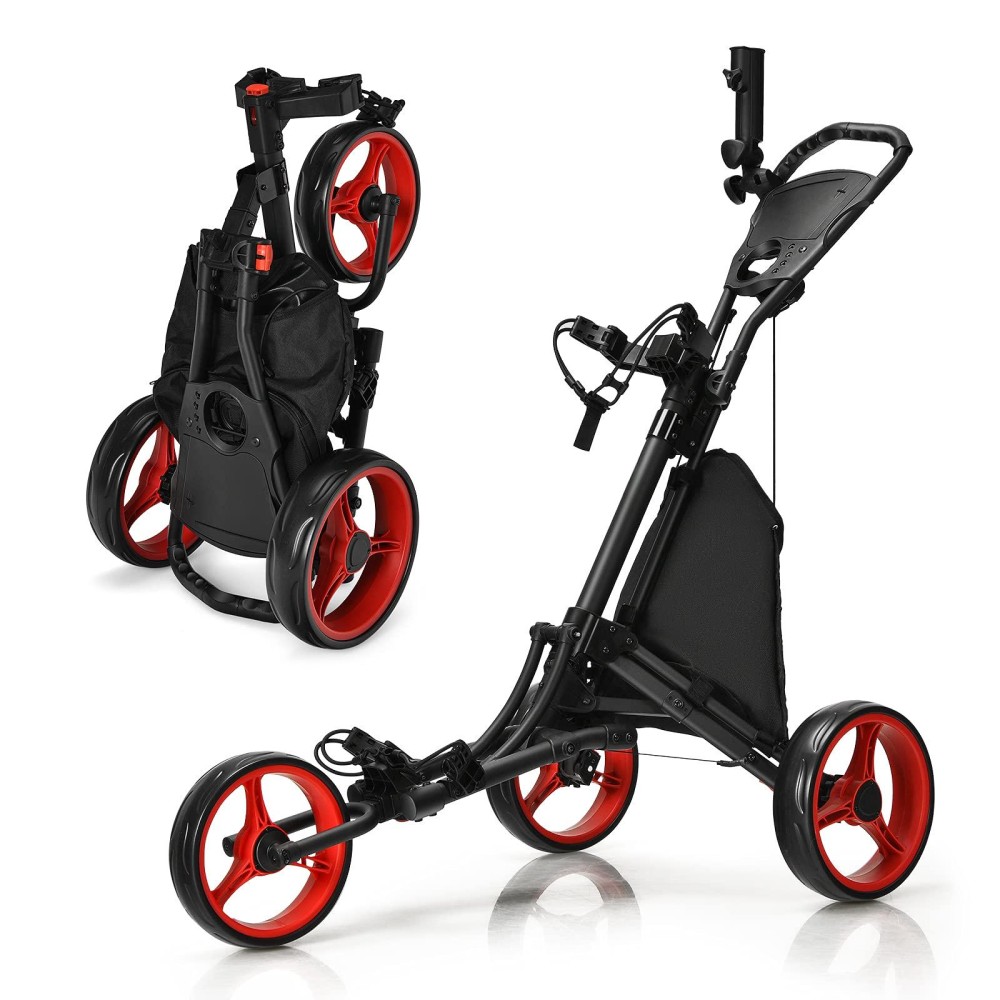 GYMAX Golf Push Cart, 3 Wheels Aluminum Folding Height Adjustable Golf Push Trolley with Umbrella Holder & Waterproof Bag, Portable Lightweight Quick Open Fold Golf Cart (Red)