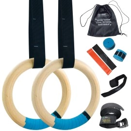 HMART Wooden Gymnastic Rings 1600Ibs Capacity with Loop Bands - 15ft Woven Adjustable Numbered Straps Anti-Slip Sweat-Absorbent Hand Tape - Pull Up Rings for Home Outdoor Exercise Gym Rings