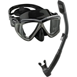 Cressi Panoramic Wide View Mask & Dry Snorkel Kit for Snorkeling, Scuba Diving Pano 3 & Supernova Dry Snorkel Set: Designed in Italy, Clear Grey