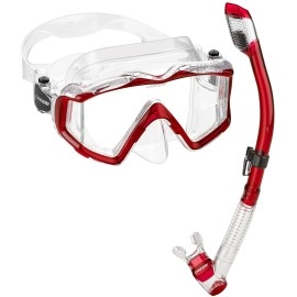 Cressi Panoramic Wide View Mask & Dry Snorkel Kit for Snorkeling, Scuba Diving Pano 3 & Supernova Dry Snorkel Set: Designed in Italy, Clear Red