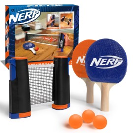 NERF 7-Piece Retractable Tabletop Tennis Game Set, Play Almost Anywhere with Expandable Net, 2 Paddles and 3 Balls, Includes Convenient Portable Drawstring Bag, Birthday & Holiday Gift