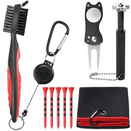 VINTEAM Golf Accessories Gift Set, Golf Towel, Golf Club Brush with Groove Cleaner, Foldable Divot Repair Tool with Ball Marker, Club Groove Cleaner Set and Golf Tee Holder - Golf Club Cleaning Kit