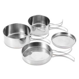 Camping Pots Pans, 4Pcs Portable Foldable Stainless Steel Combination Pot Cookware Set Camping Kitchenware Picnic Outdoor Pan Pot Plate Tableware Backpacking Gear for Camping Hiking Picnic