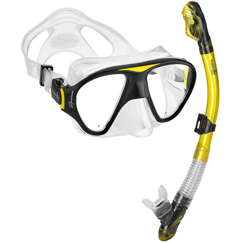 Phantom Aquatics Italian Design Boutique Collection - Tempered Glass Lens Frameless Scuba Snorkeling Dive Mask - Splash Guard Dry Snorkel Set (Signature Yellow)