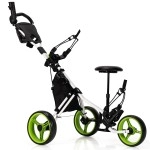 GYMAX Golf Push Cart, Foldable 3-Wheel Height Adjustable Lightweight Golf Caddy Cart with Umbrella Holder, Hydraulic Seat, Storage Bag & Cup Holder, Golf Trolley for Club (Green)