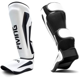 FIVING MMA Martial Arts Shin Guards - Padded, Adjustable Muay Thai Leg Guards with Instep Protection for Kickboxing/MMA Training and Sparring - Durable, Professional MMA Equipment (White, Small)