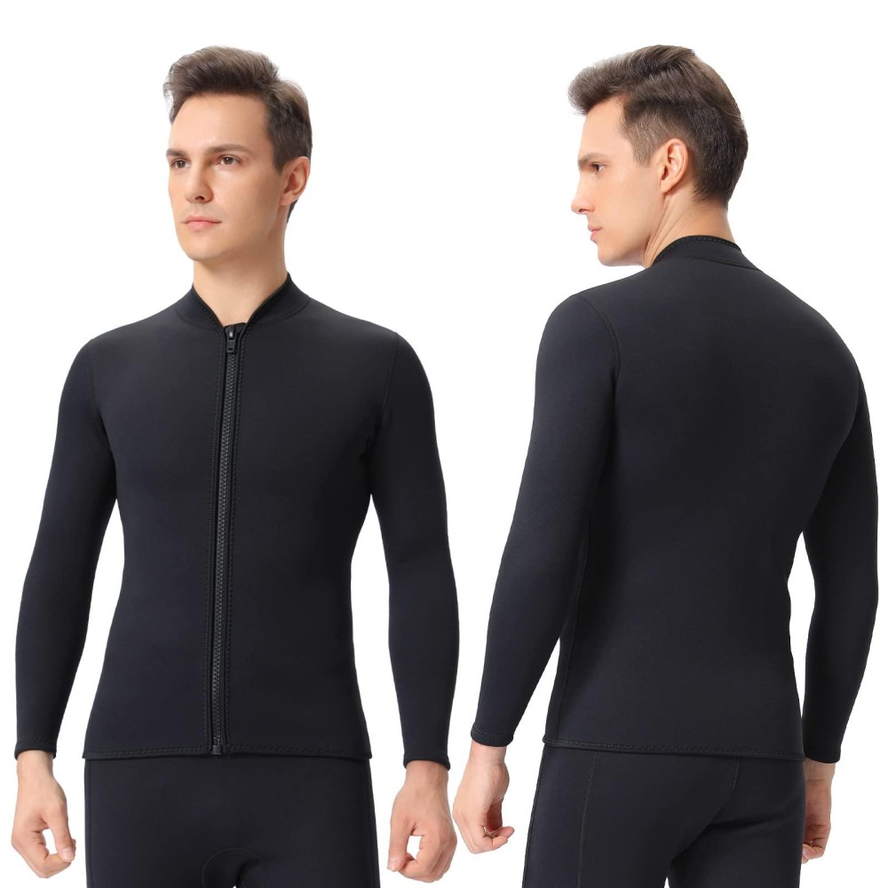 FLEXEL Wetsuit Top for Men 3mm, 2mm Neoprene Wet Suit Jacket Front Zip Long Sleeve Keep Warm in Cold Water for Surfing Swimming Snorkeling and Kayaking (3mm Black, X-Large)