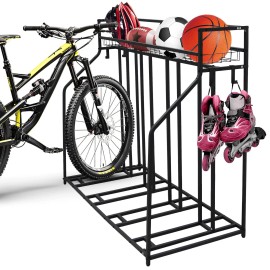 sanheshun 4 Bike Stand Rack with Storage - Bike Rack Floor Stand, Great for Parking Road, Mountain, Hybrid or Kids Bikes - Garage Organizer - Indoor Bike Storage - Sports Storage Station - Black
