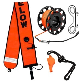 5ft Scuba Diving Surface Marker Buoy (SMB), Safety Sausage with Plastic 98ft Finger Spool Reel and Double Ended Hook Clip + Emergency Whistle for Underwater Diving (Black)