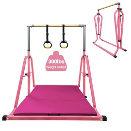 Foldable & Movable Gymnastics Kip Bar with Mat,Horizontal Bar for Kids Girls,No Wobble Gym Equipment for Home Indoor,3 to 5 Adjustable Height,Gymnasts 1-4 Levels,300 lbs Weight Capacity