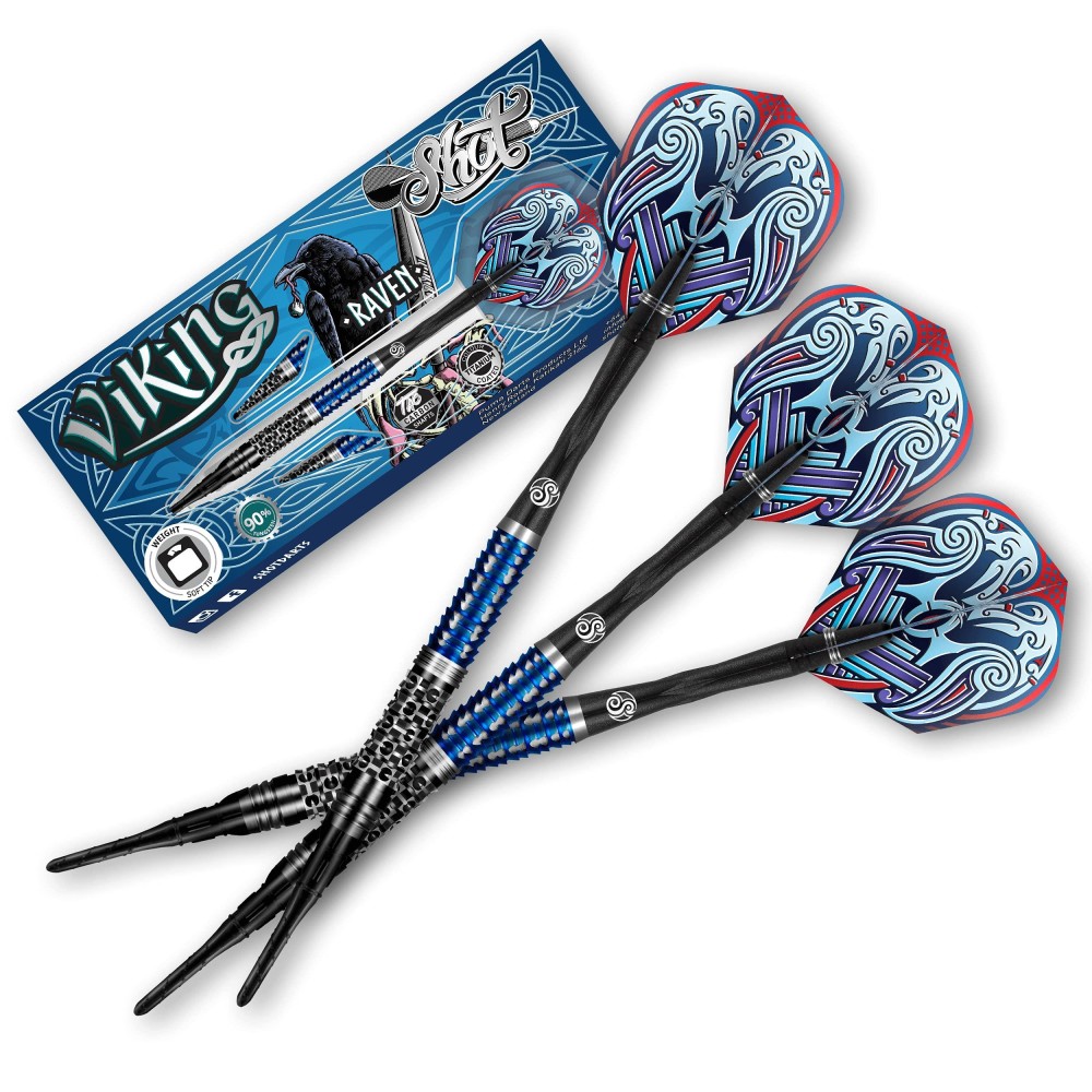 Shot Darts Soft Tip, Viking Raven (18g/20g) 90% Tungsten Barrels, Center Balanced with with Dual grip Handcrafted Professional Dart Set and Flights Made in New Zealand Plastic Tip Bar Darts for Adults