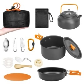16pcs Camping Cookware Mess Kit Ultra-light Heat-resistant Quick Heating Portable Cookset Bowls Utensil Pots Pans Kettle for Outdoor Camping Backpacking Hiking Orange
