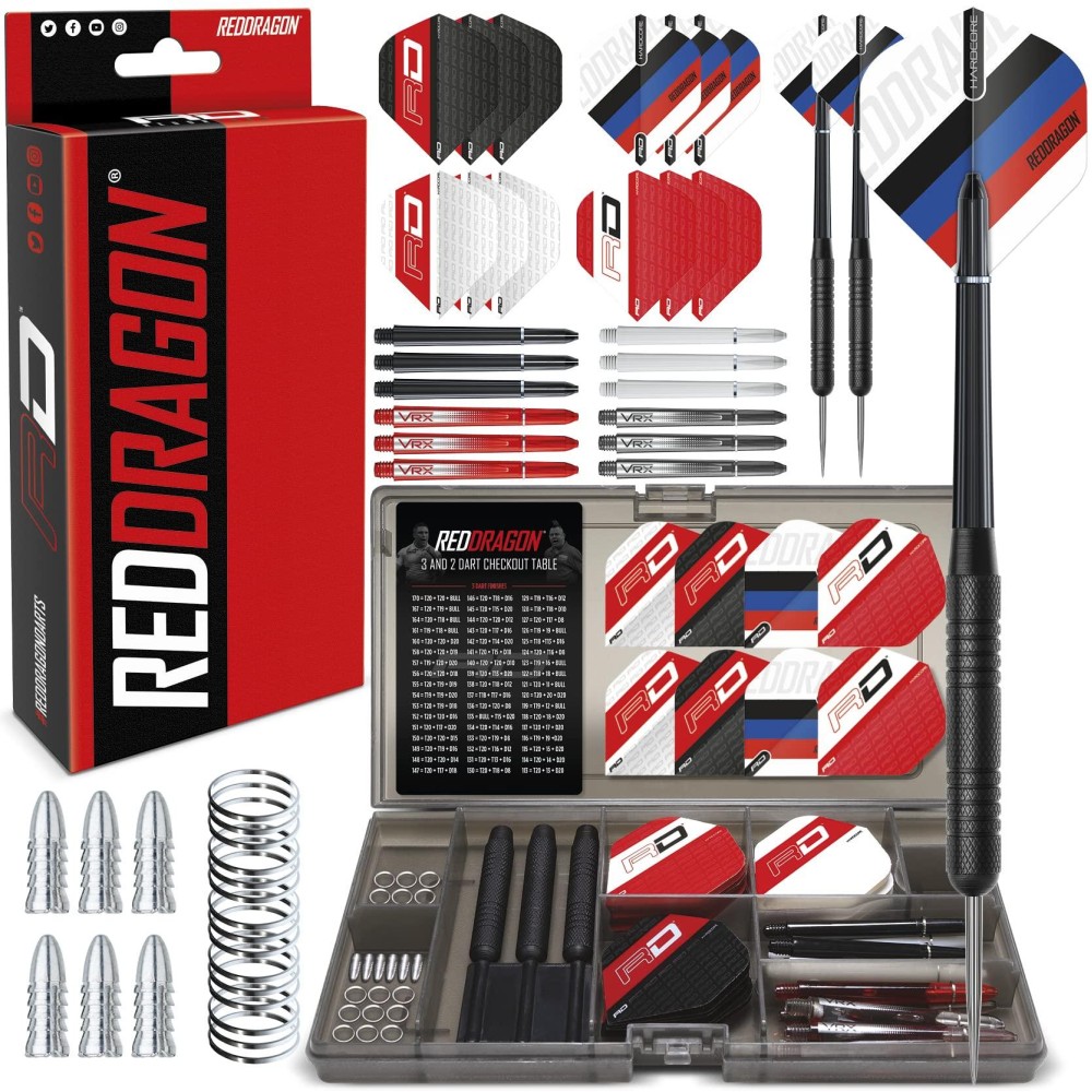 RED DRAGON Ultimate 50 Piece Darts Set - Includes 20 Gram Steel Darts, Hardcore Flights, Shafts (Stems) and Accessories