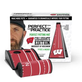 PERFECT PRACTICE Putting Mat Collegiate Edition - Univ. of Wisconsin - Indoor Golf Putting Green with 2 Holes for Practicing at Home or in The Office - Gifts for Golfers - Golf Accessories for Men