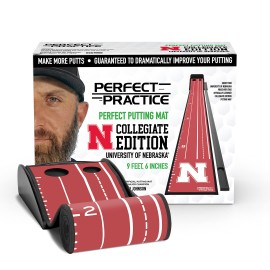 PERFECT PRACTICE Putting Mat Collegiate Edition - Univ. of Nebraska - Indoor Golf Putting Green with 2 Holes for Practicing at Home or in The Office - Gifts for Golfers - Golf Accessories for Men