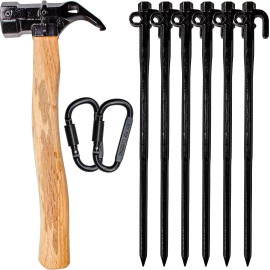 Multi-Function Camping Accessory Kit, Including 1x Multi-Functional Hammer, 6X Heavy-Duty Tent Pegs Tent Stakes, 2X Spring Snap Hook,for Camping, Camping with Dogs, Hiking