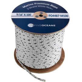 Five Oceans Boat Anchor Rope 9/16 inch x 100 ft - Marine Premium 3-Strand White Nylon - Ideal for Mooring Anchoring Windlasses Towing - FO4487-M100