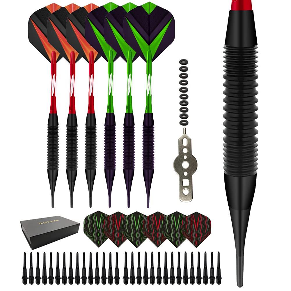 COOCOOL Exquisite 19 Grams Soft Tip Darts Sets, 6 PCS Darts per Set Come with 30 Extra Dart Tips, 10 O-Rings, 6 Flights, Tool for Beginners or Professional Players (Green and red)