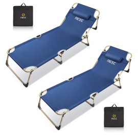 Nice C Lounge Chair, Cots for Camping, Folding Camping Bed for Adults, 4-Reclining Position with Pillow & Storage Bag, Heavy Duty Holds Up to 250 Lbs, Outdoor&Indoor (Set of 2Navy)