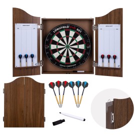 Engelhart - Wooden Dart Cabinet with Official Sisal Competition Target + 2 Sets of 18 g Darts, Chalk and Sponge (Brown)