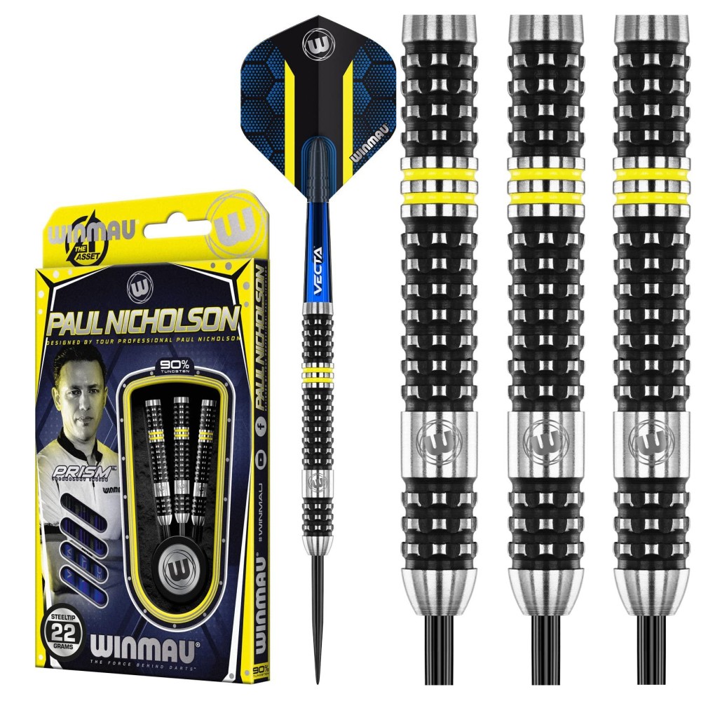 Winmau Paul Nicholson 22 Gram Tungsten Darts Set with Flights and Stems (Shafts)