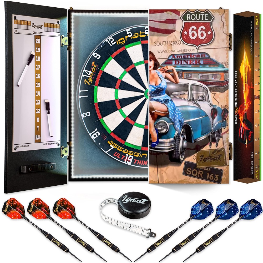 IgnatGames Dart Board Professional Set - Competition Size Kenyan Sisal Dart Board for Adults with 6 Professional Steel Darts - Staple-Free Ultra-Thin Wire Spider Dartboard + Accessories & Mounting Kit