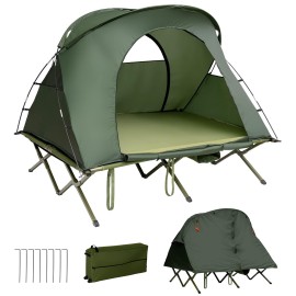 Tangkula 2-Person Tent Cot, 4-in-1 Folding Tent with Waterproof Rainfly, Self-Inflating Mattress & Roller Carrying Bag, Portable Off Ground Elevated with Shoe Storage Pocket & Lamp Hook (Green)
