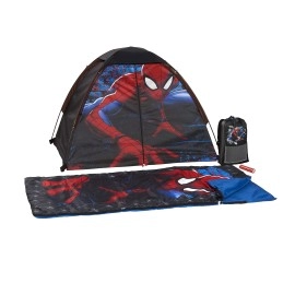 Marvel Spiderman Kids Camp Set - Tent, Backpack, Sleeping Bag and Flashlight - 4 Piece Indoor/Outdoor Spiderman Kids Set