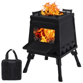Lineslife Wood Burning Camp Stove, Portable Cast Iron Camping Wood Stove, Black Woodstove with Carrying Case for Backpacking Outdoor Cooking, Small