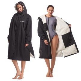 Hiturbo Warm Waterproof Swim Parka: Oversized Hooded Changing Robe - Sherpa Liner Swimming Coat - Recycled Fabric Surf Poncho (Black)
