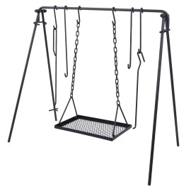 Lineslife Grill Swing Hanging Campfire Cooking Stand with Adjustable Iron Grill Grate, Collapsible Campfire Cooking Rack with Hooks and Accessories for BBQ Picnic, Outdoor Camping Cookware, Dutch Oven