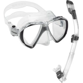 Cressi Italian Design Liberty Duo Panoramic Tempered Glass Lens Premium Snorkel Mask Dry Snorkel Set, Duo - Clear Black Silver