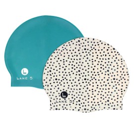 Lane5 Swim - 2-Pack Adult Silicone Swim Cap - Beautiful Designs for Women. Latex Free. Spotted Print and Solid Blue