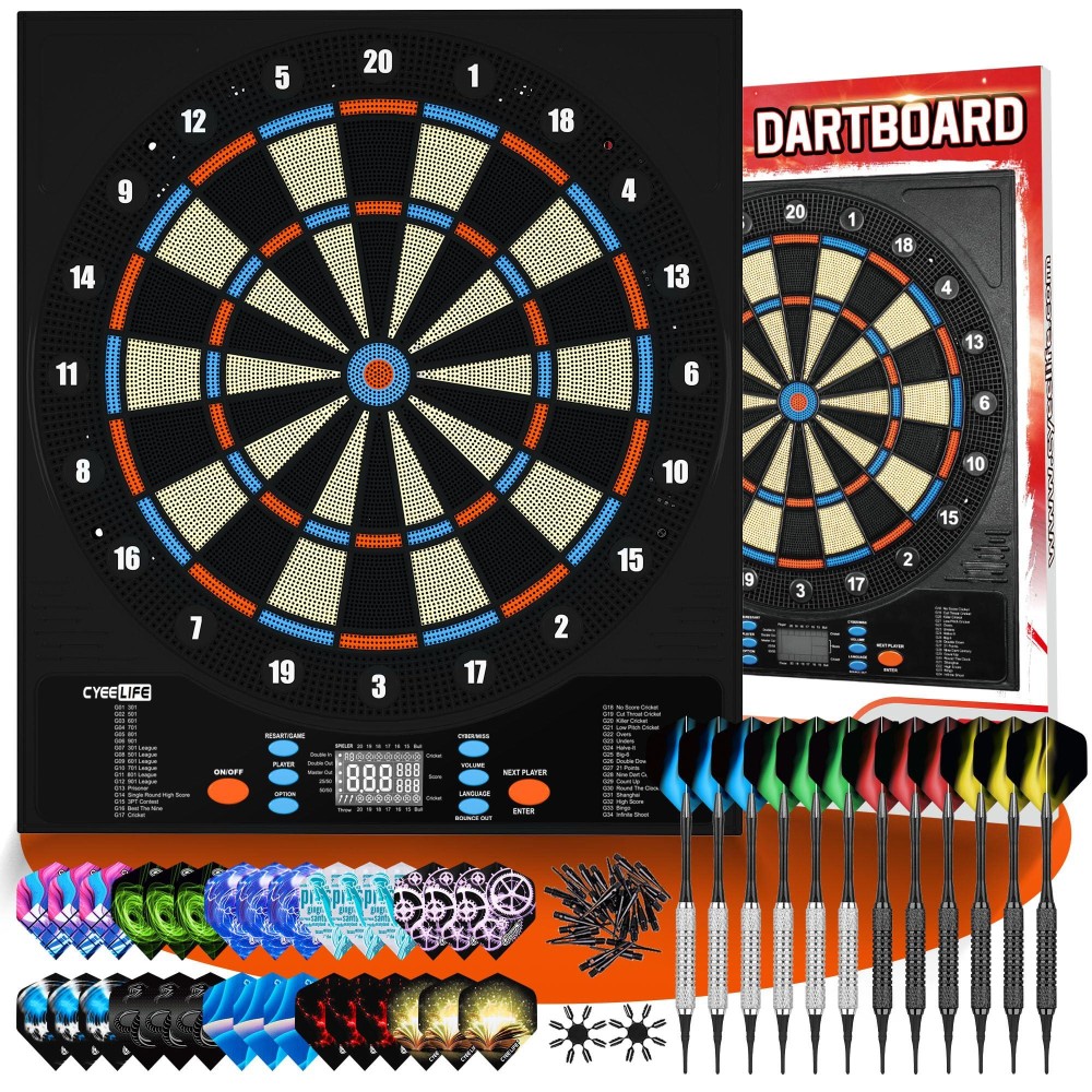 CyeeLife Electronic Dartboard&12 Soft Darts,8 Players&34 Games&255 Variations,Battery/Adapter/3 Languages Switching for Professional Dart Games