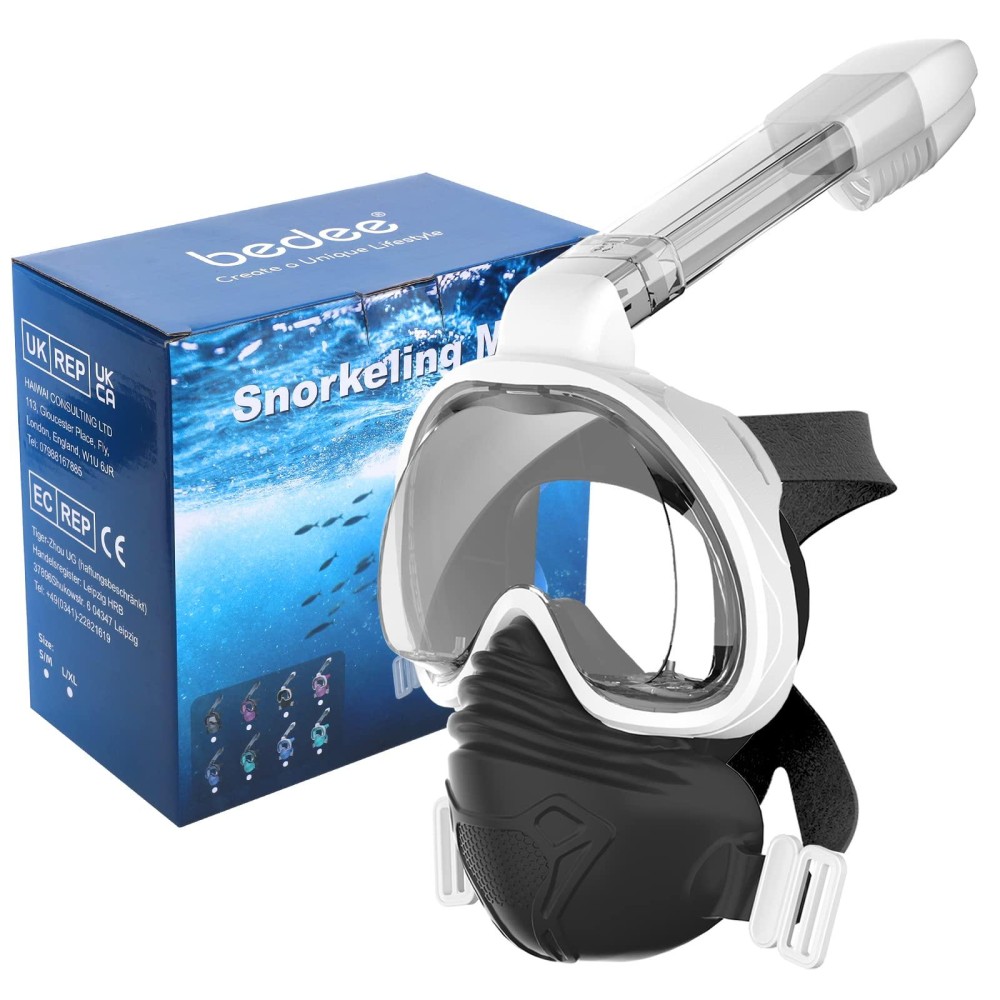 bedee Full Face Snorkel Mask - Snorkeling Diving Mask for Adults and Kids, Upgraded Dry Top Breathing System, Anti-Fog, Anti-Leak, 180 Panoramic View, Camera Mount, Lightweight & Foldable - L/XL