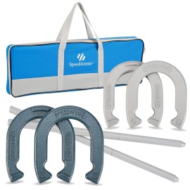 SpeedArmis Horseshoes Set, Universal Size Lawn Horseshoes Outdoor Games for Parties Beach Backyard - Includes 4 Horseshoes & 2 Steel Stakes & Durable Carrying Bag (Blue & Silver)